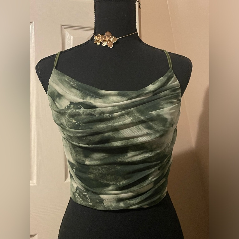 Green Tie-Dye Cowl Neck Spaghetti Strap Top